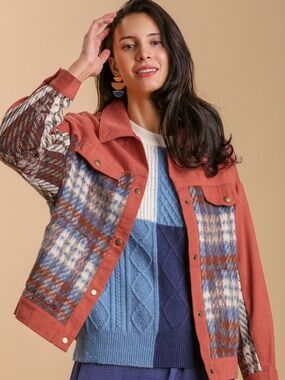 Umgee Mixed Plaid Shacket NWT Patchwork Jacket Rust Cotton Shacket Small